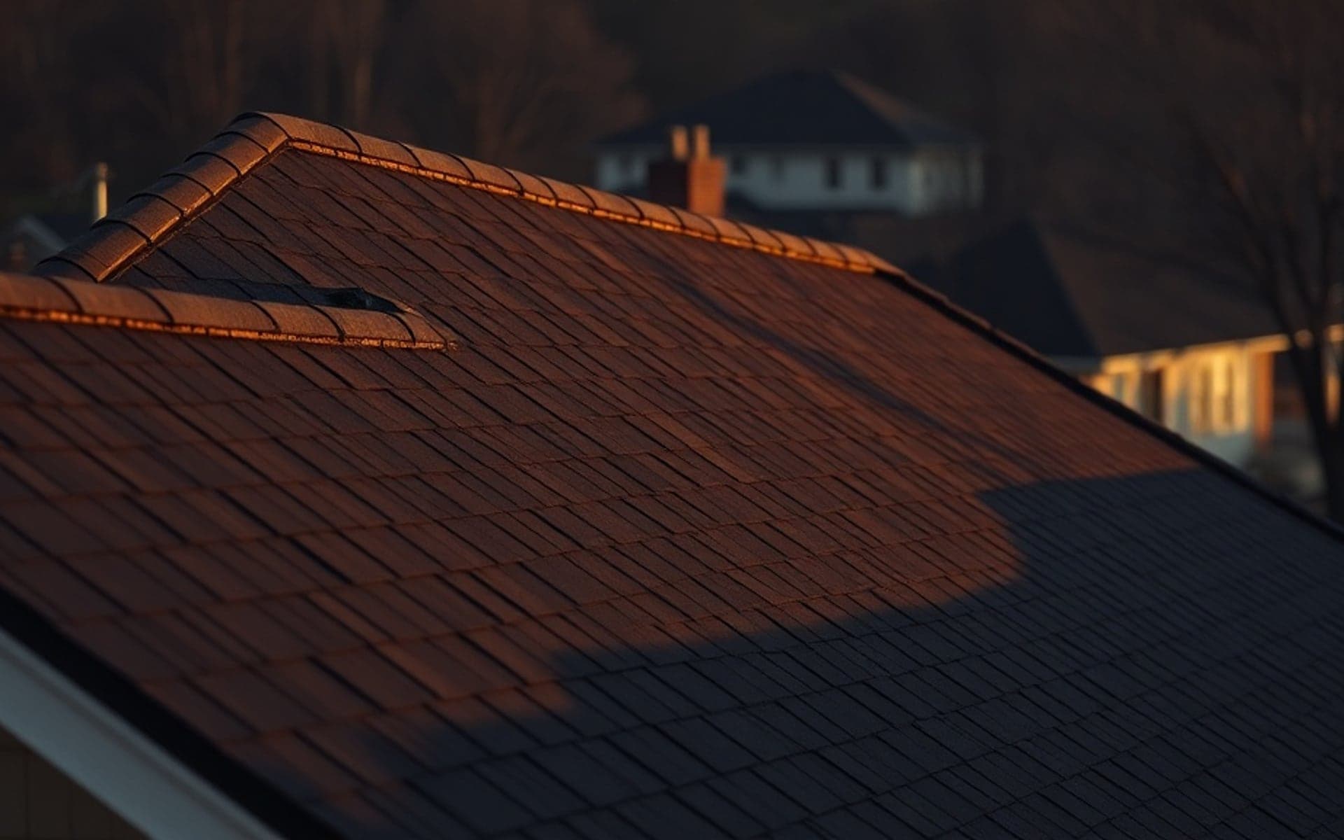 Architectural shingle roof at golden hour — premium Denver roofing by Apex Contractors